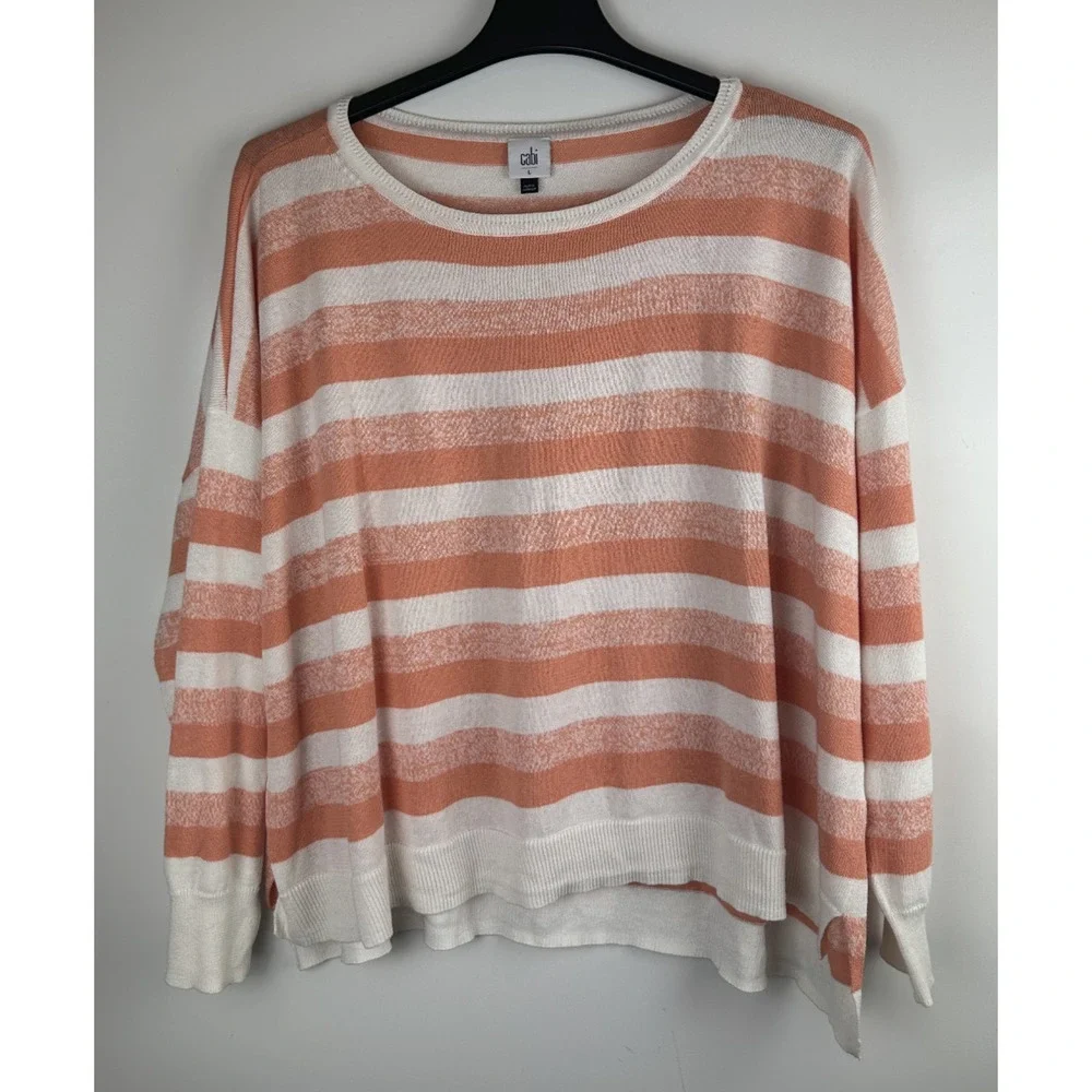 Cabi Swish Linen Blend Pullover Light Sweater Orange Striped Large Boxy Beachy - Picture 8 of 9
